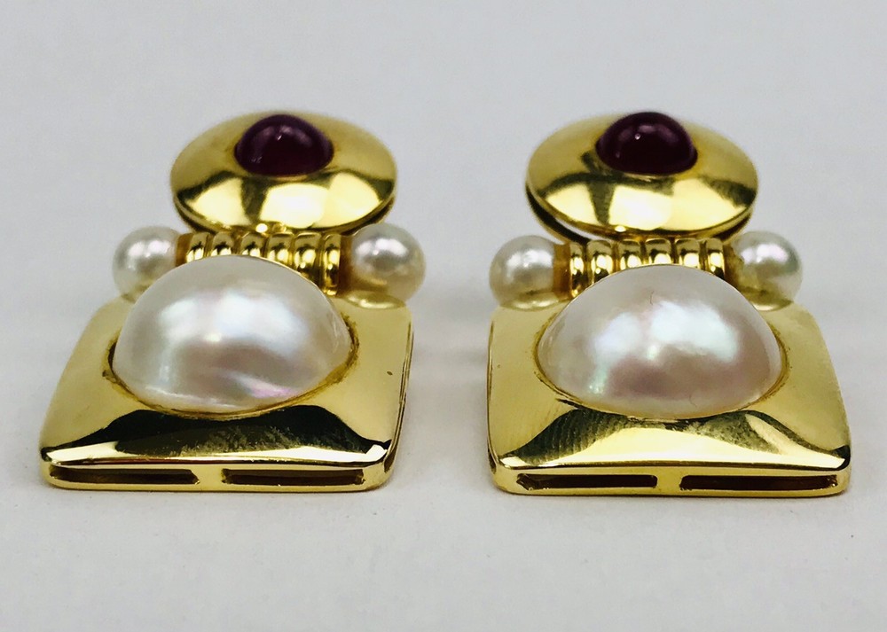 Art Deco 18k Solid Yellow Gold Mabe Pearl & Ruby Drop Dangle Omega Back Earrings