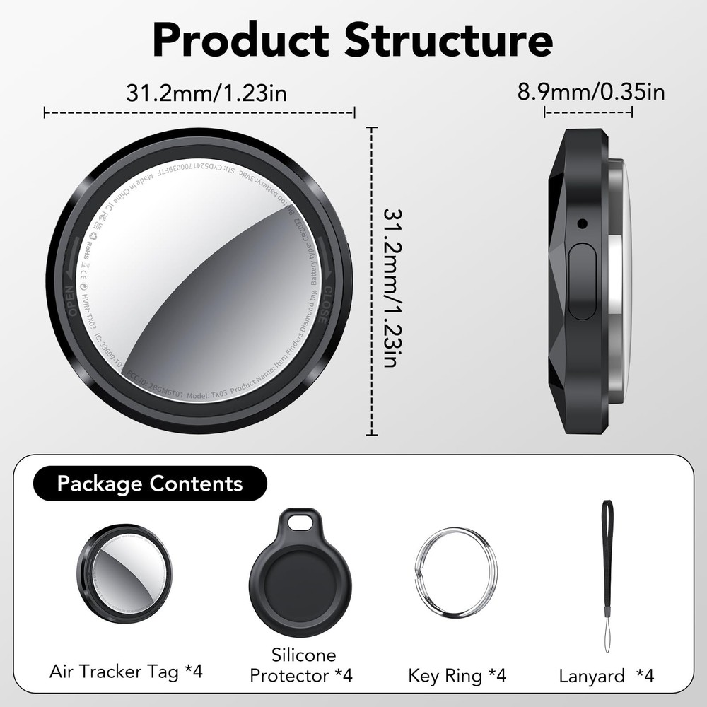 Air Tracker Tags-4 Pack Black | Bluetooth Tracker Work with Apple Find My (iO...