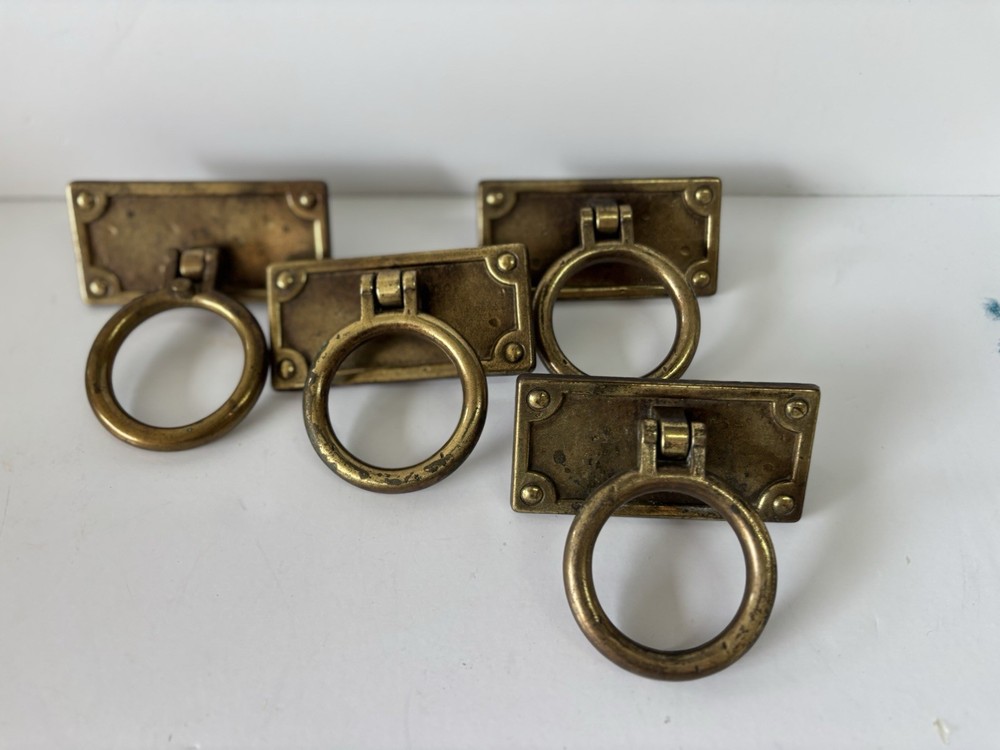 4 Salvage Rectangle Brass Drop Large Ring Double Screw Drawer Pulls 3.75"