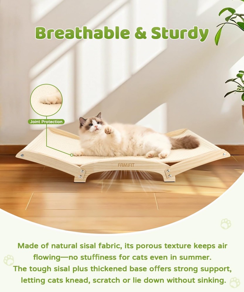 Large Sisal Cat Scratcher Bed with Solid Wood Base, Durable Scratch & Rest 2-...