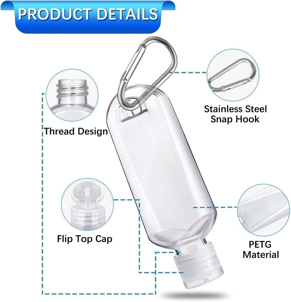5 Pack Refillable Travel Plastic Bottles Containers with Clip Hand