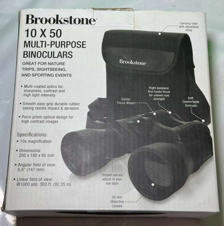 Brookstone 10x50 Binoculars Multi-Purpose Rubberized w/ Case, Strap & Cloth