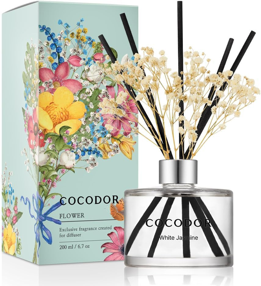 COCODOR Flower Reed Diffuser Set / 6.7oz / White Jasmine/Scent Diffuser with Sti