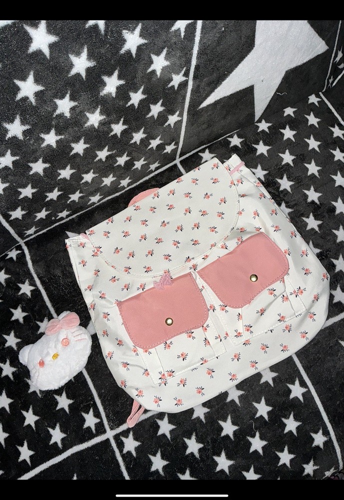 Floral Drawstring Backpack With Hello Kitty Pin