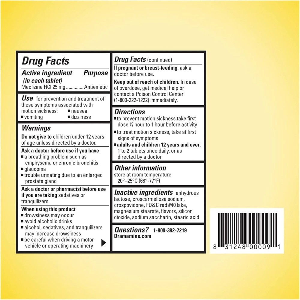 2 Pack Chewable Less Drowsy, Motion Sickness Relief, Raspberry Flavor 12 Count