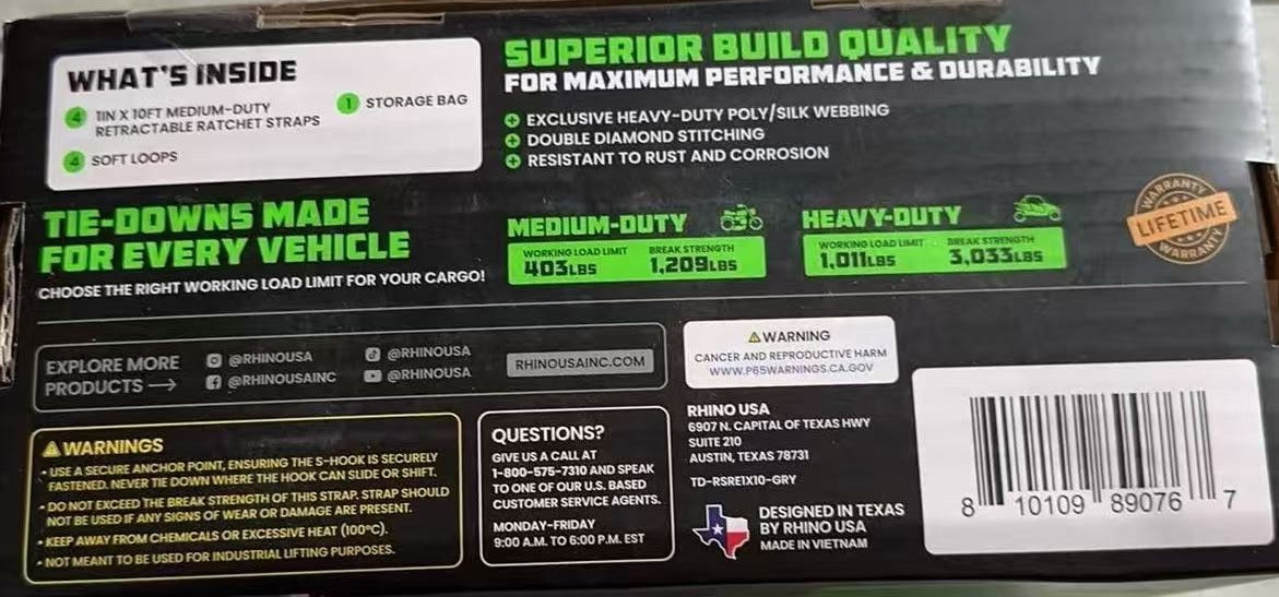 Rhino USA Retractable Ratchet Straps (4-Pack) 1 Inch x 10 Feet 1209lb Break Grey