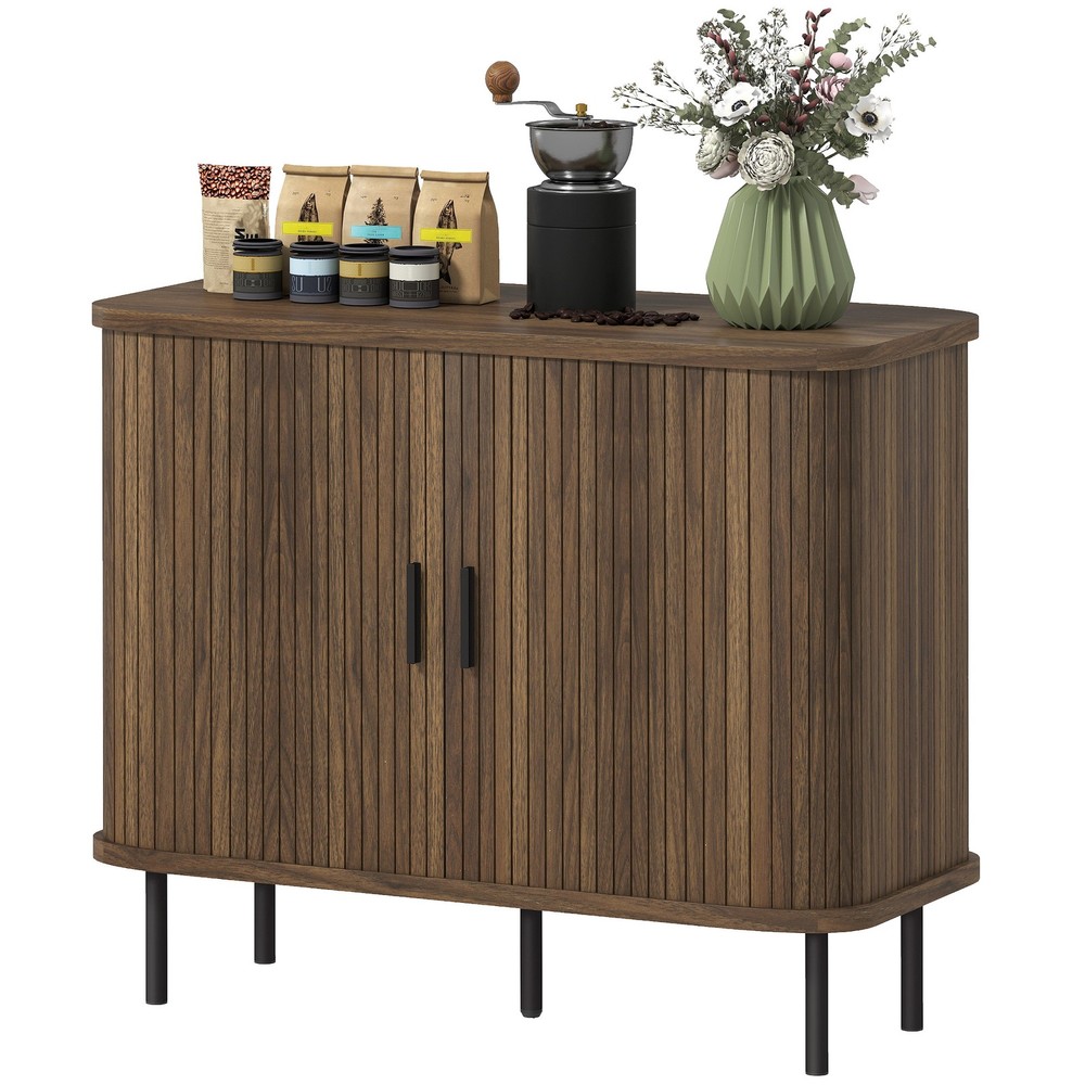 35.4" Sideboard Buffet Cabinet, Slatted Kitchen Cabinet, Walnut