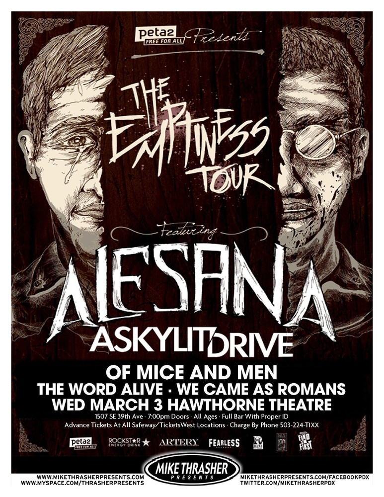 ALESANA/SKYLIT DRIVE/OF MICE & MEN "EMPTINESS TOUR" 2010 PORTLAND CONCERT POSTER