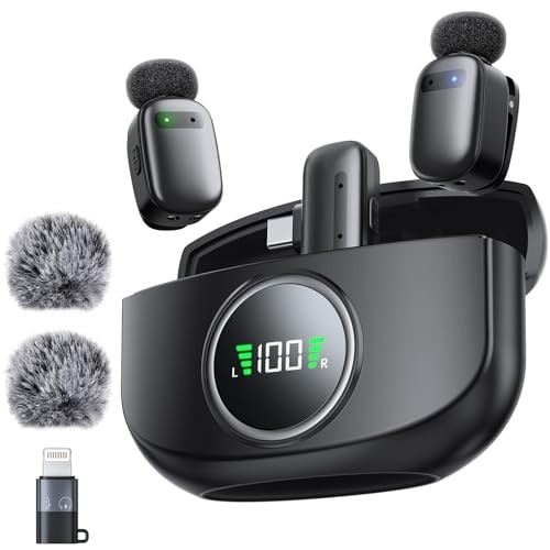 Wireless Mini Lavalier Microphone for iPhone & Black -Lightning & Type-C port