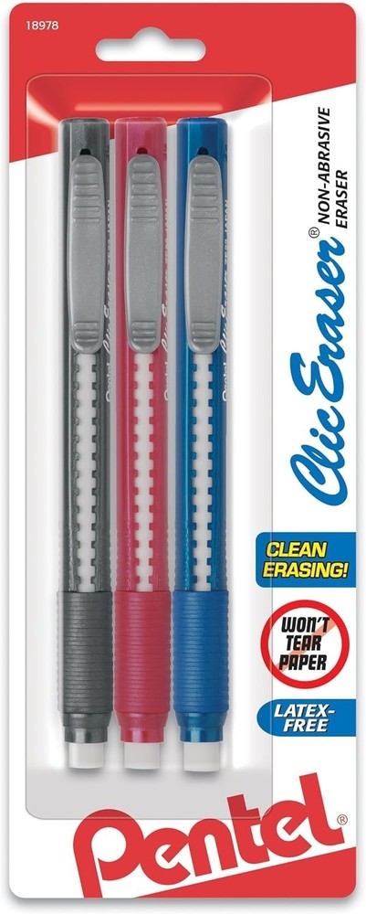 Clic Retractable Eraser with Grip, 3 Pack