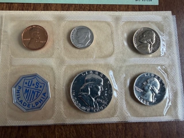 1958 U.S. Mint Proof Set w/Franklin Half-Dollar, Orig. envelope, COA