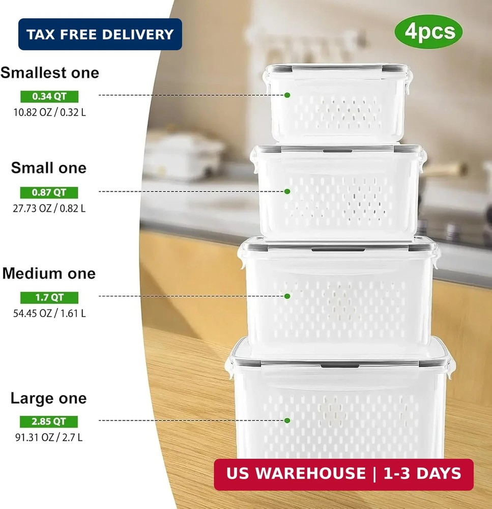 Freshmage Fruit Storage Containers for Fridge with Removable Colander, Airtight