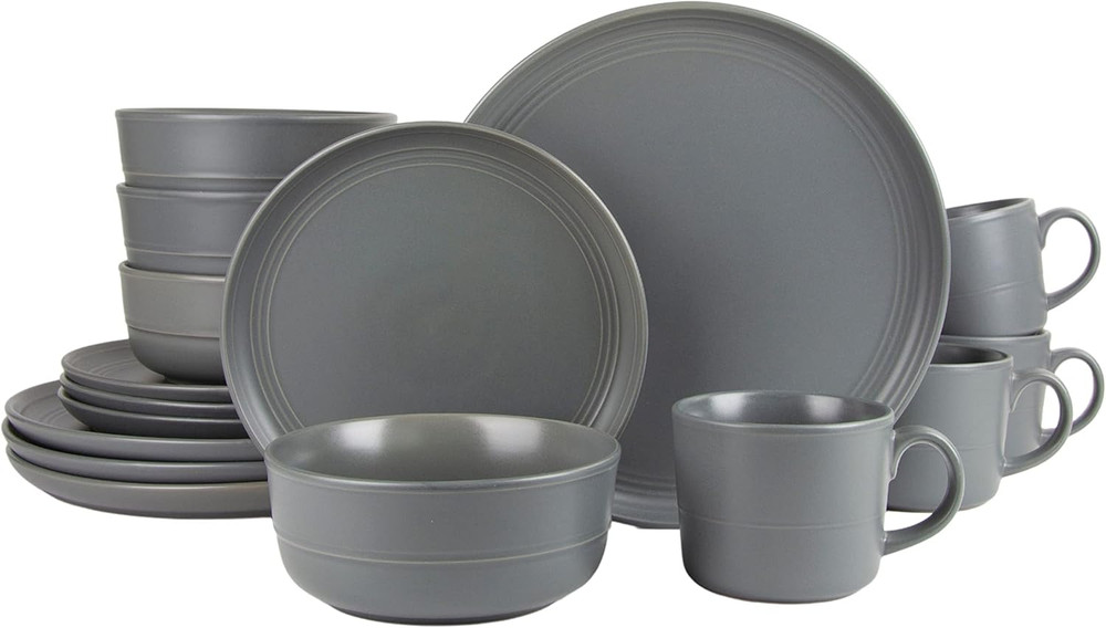 Double Line 16 Piece Dinnerware Set, Matte Gray