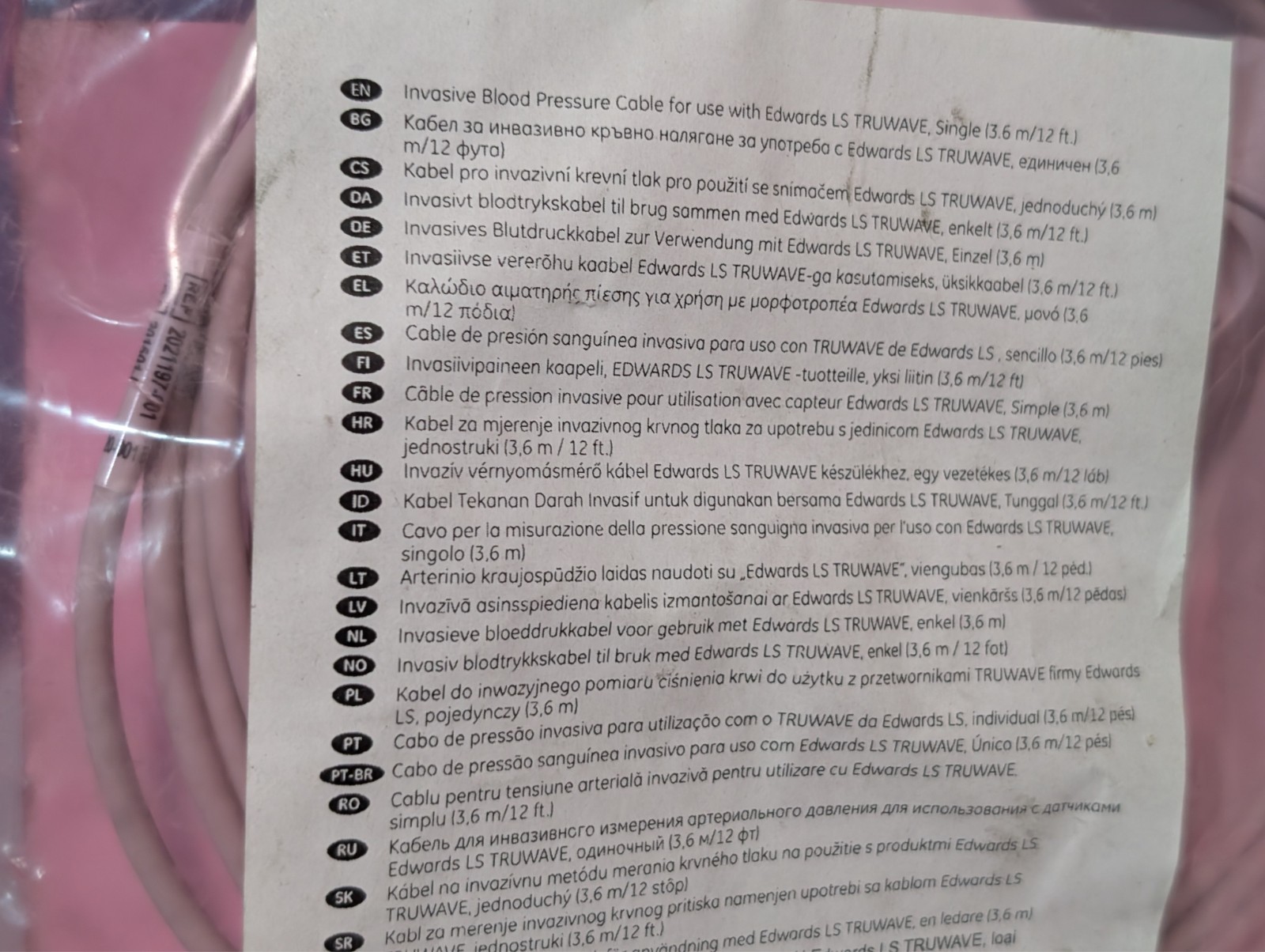 Lot of 2 GE Healthcare 2021197-001 Invasive BP Cables Edwards LS TruWave 12 ft