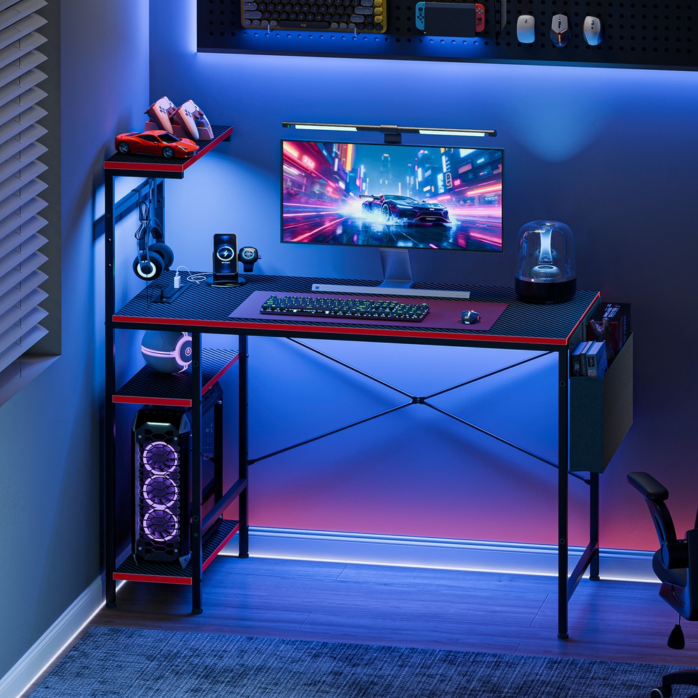 44" Computer Desk Rectangular Gaming Desk with LED Lights & Power Outlets Black