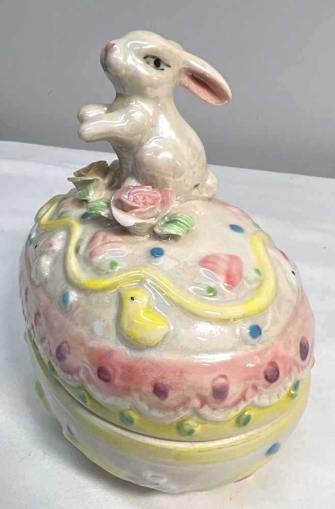 Easter Bunny Ceramic Decorative Egg Shaped Box With Lid