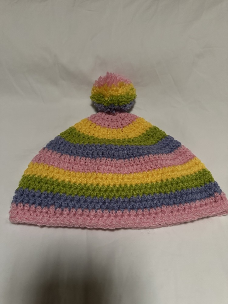 Hand Made Crochet Spring Time Colored Stocking Hat With Pom Pom