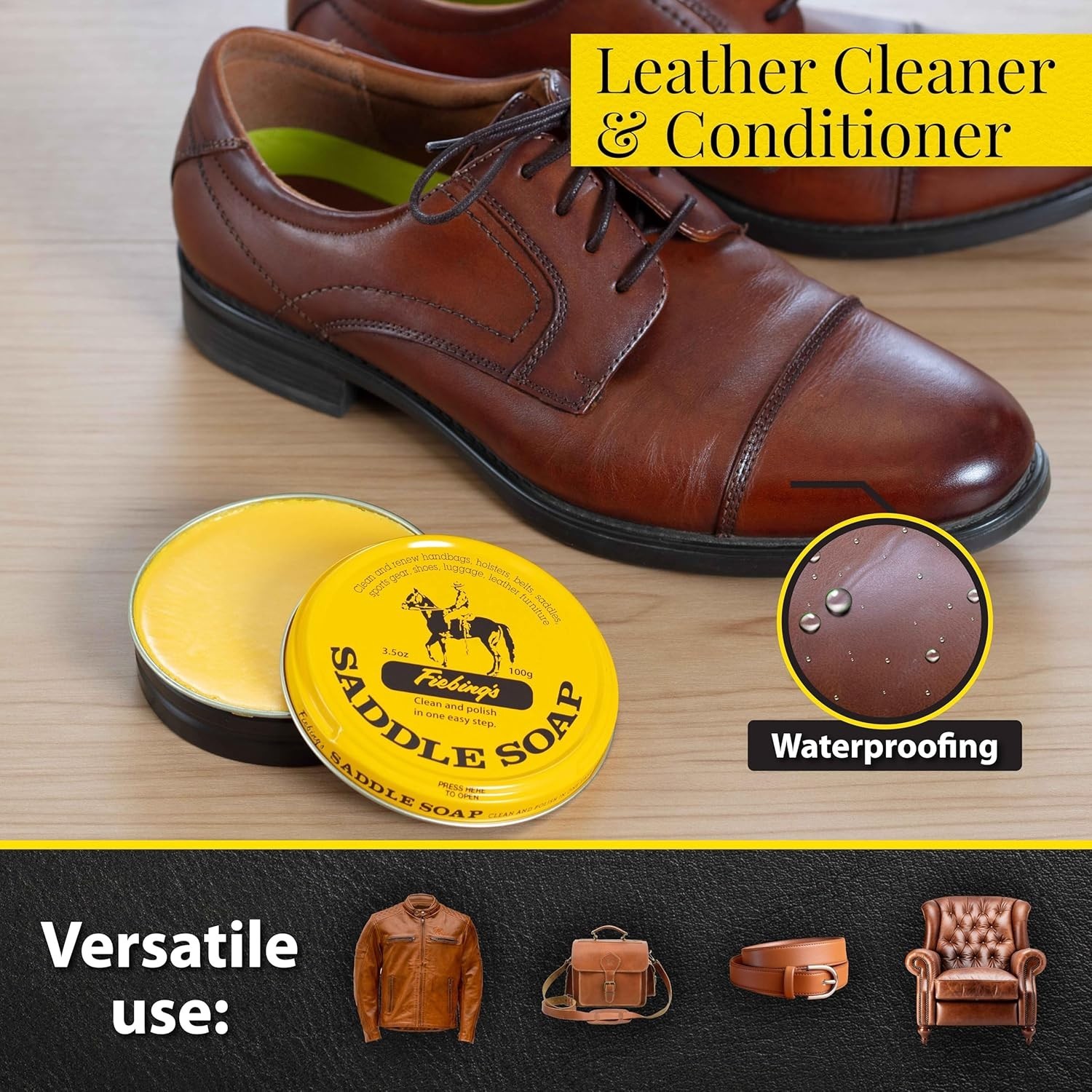 Yellow Saddle Soap for Leather (3.5 oz Tin) - Leather Cleaner & Conditioner to S