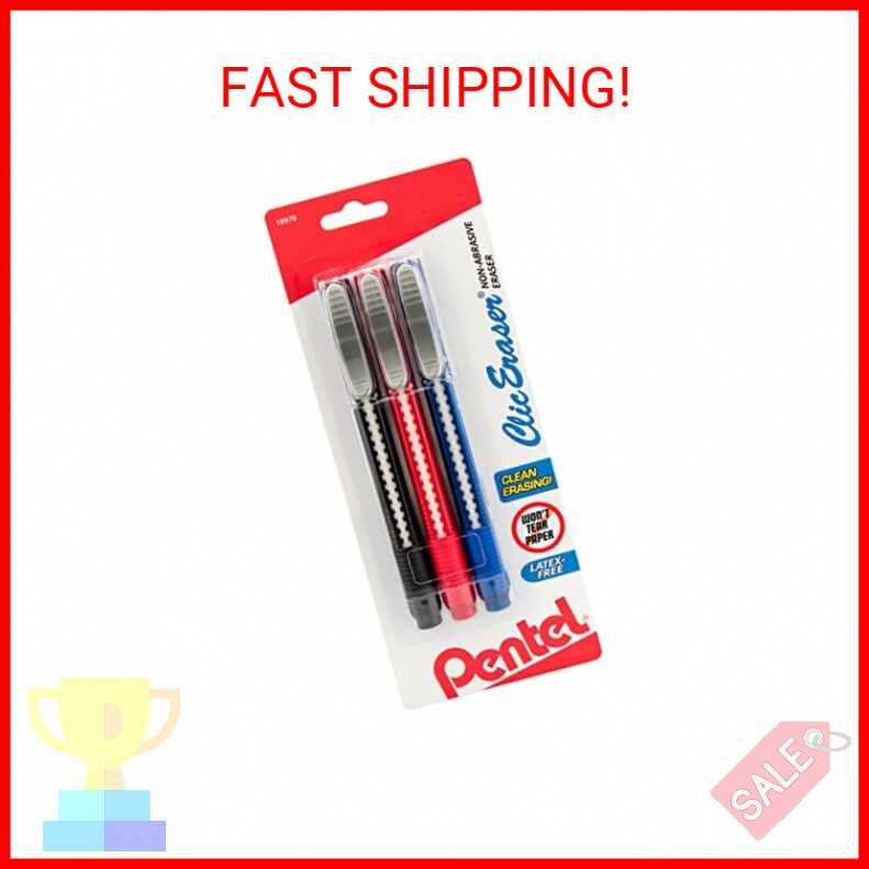 Pentel Clic Retractable Eraser with Grip, 3 Pack