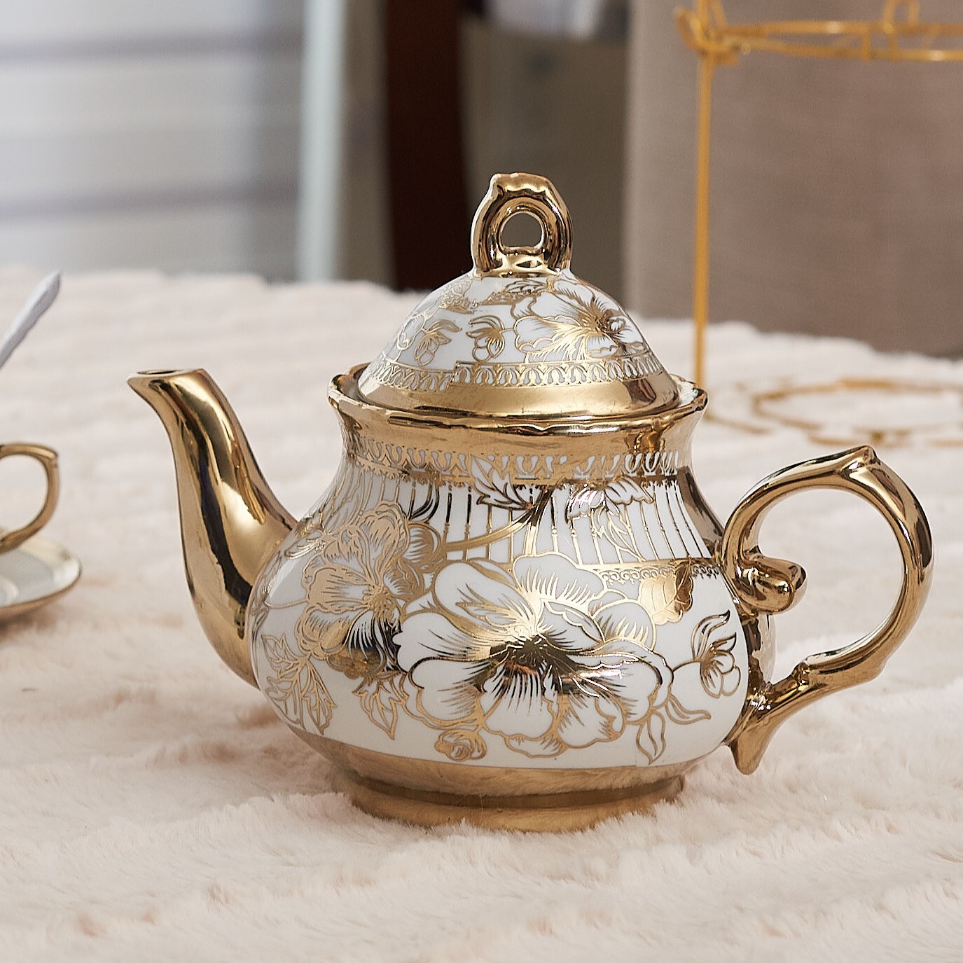 European Style 20pcs Ceramic Coffee Cup & Saucer Set w Rack Spoons GOLD Tea Set