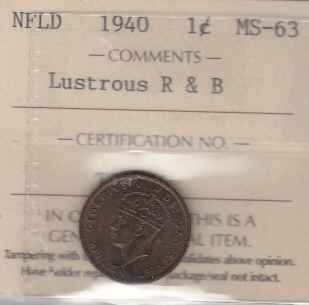 1940 Newfoundland One Cent - ICCS MS-63, Lustrous R & B