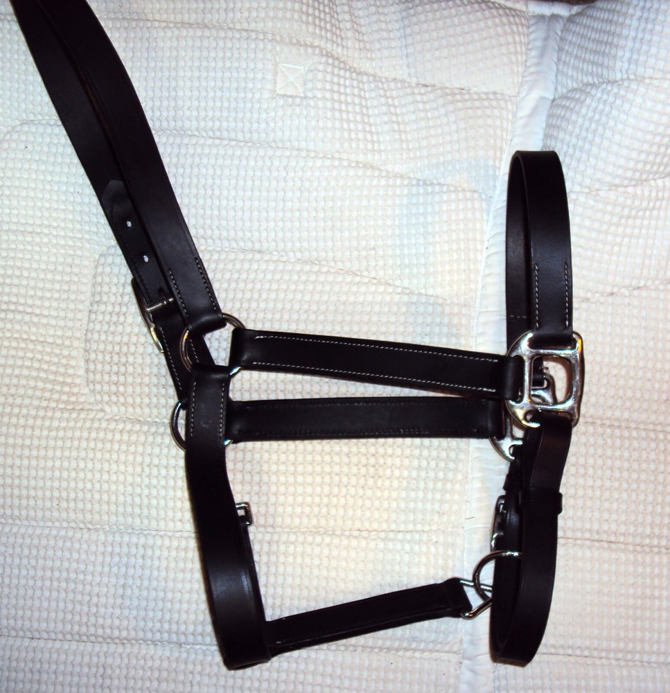 ABETTA Leather BLACK Halter- Silver Hardware/Snap - Adjustable - Full Size - NEW