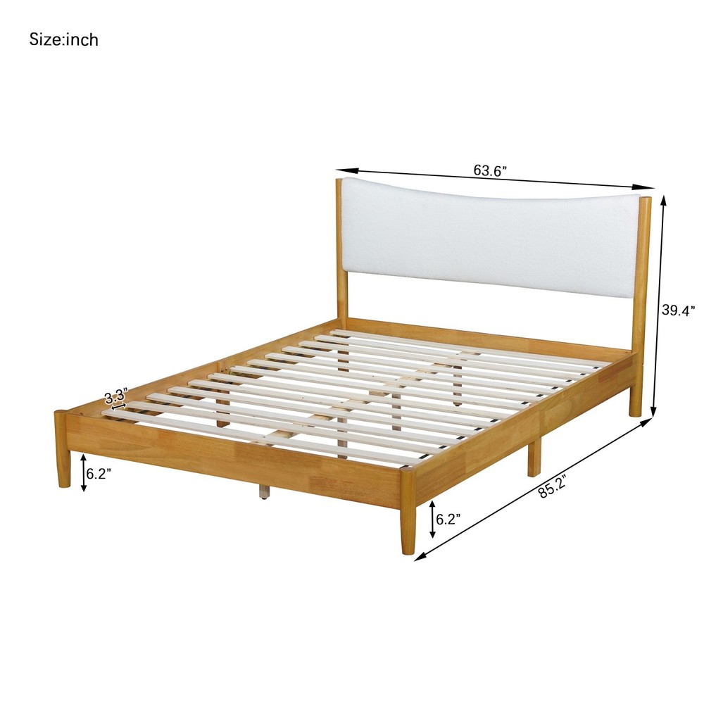 Queen Size Solid Wood Platform Bed Frame with Upholstered Headboard Natural
