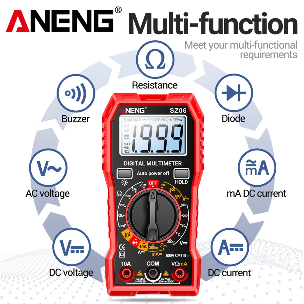 Digital Multimeter Voltmeter AC DC Volt Meter Ohmmeter Auto Range Tester Red