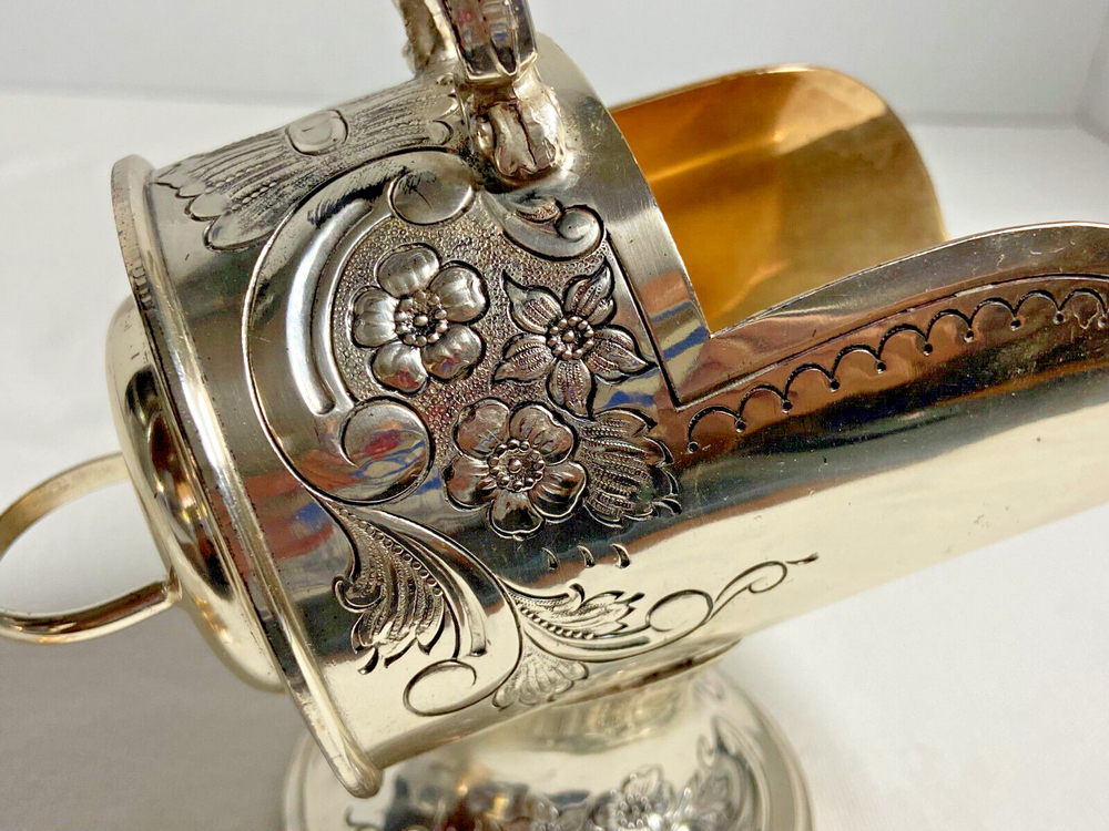 Vintage Silver Plate Ornate Floral Etching Pedestal Sugar Scoop Scuttle W/Scoop