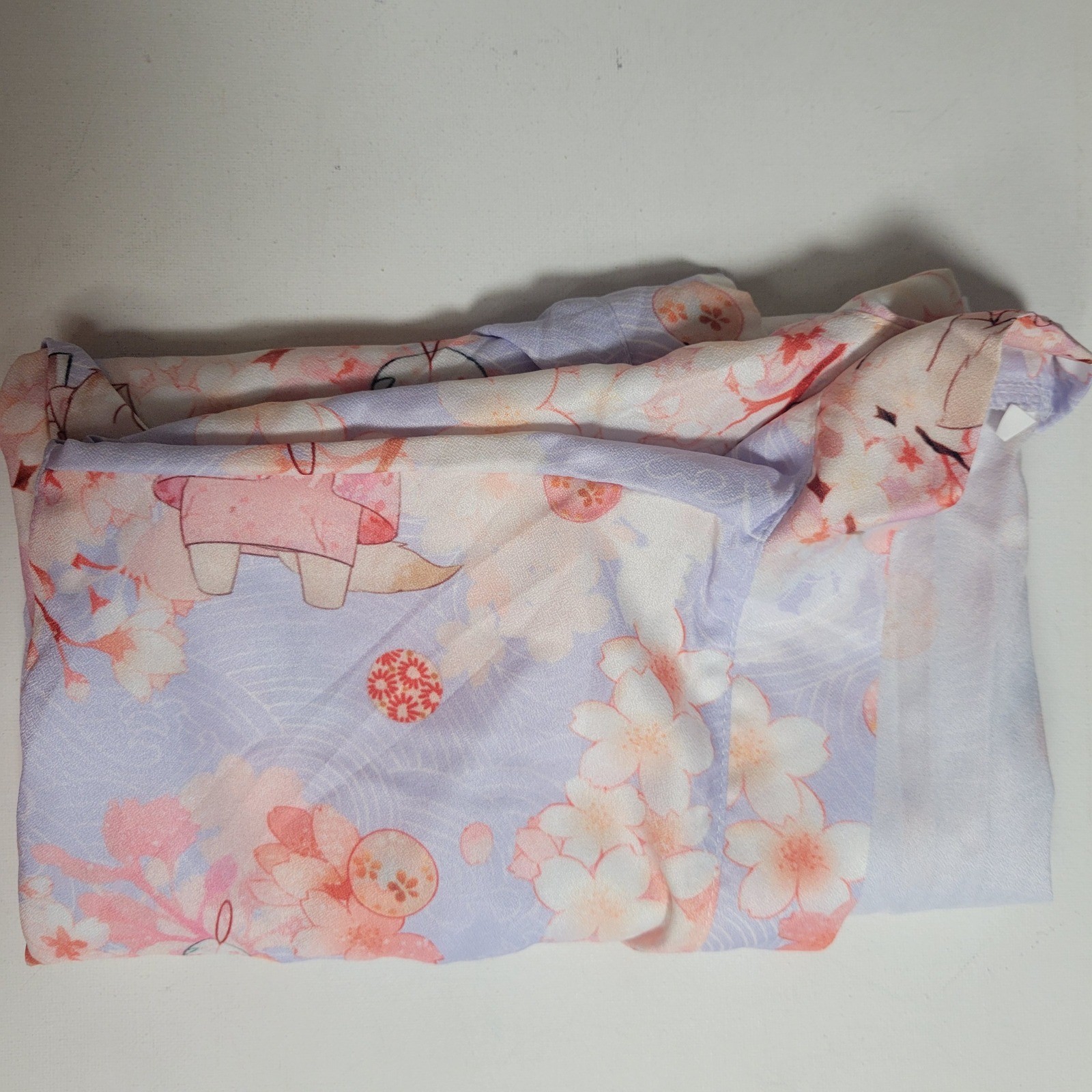 Japanese Kimono Blouse Womens XL+ Pastel Cat with Fan Floral Asian Lightweight
