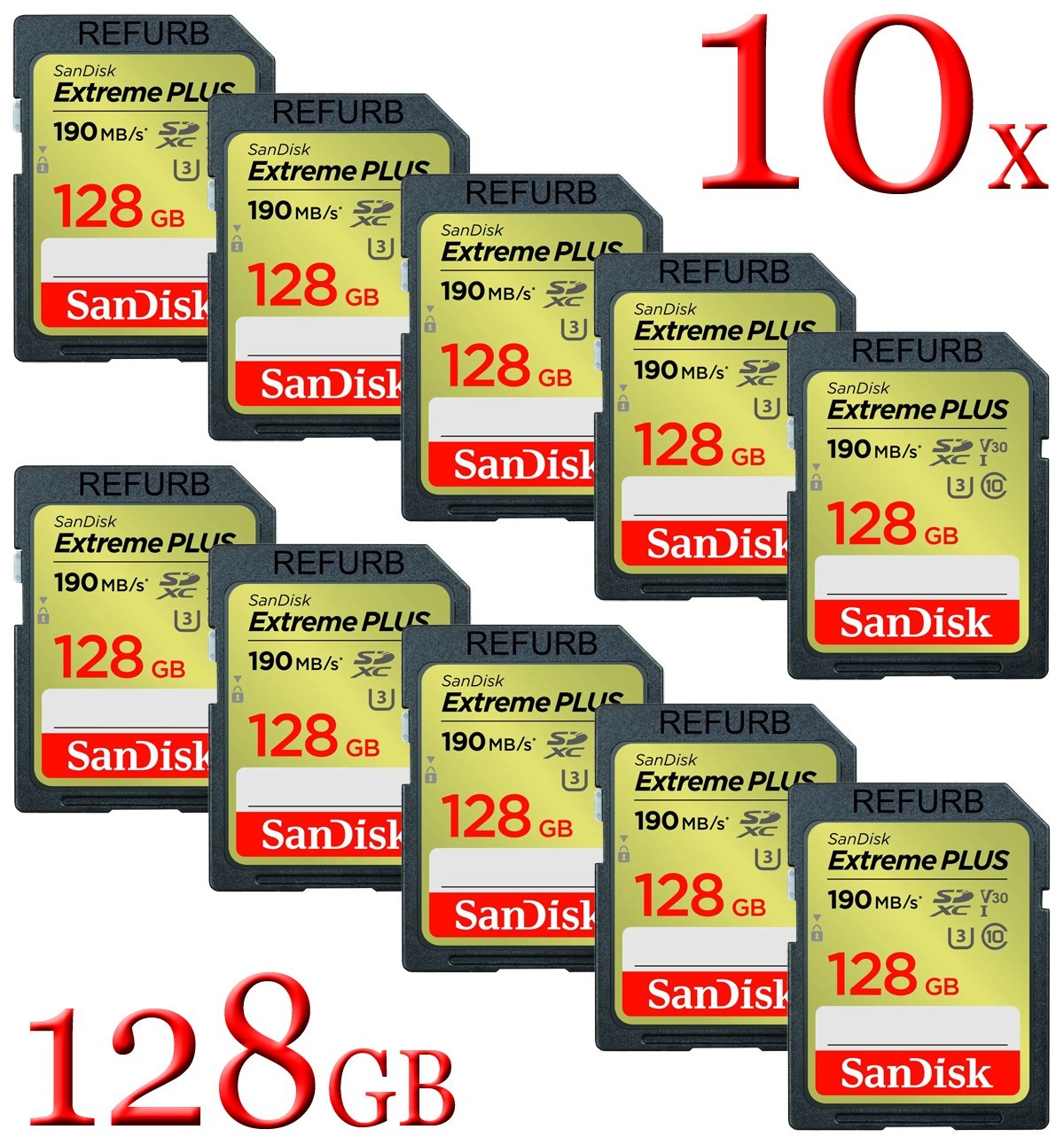 LOT 10x SanDisk Extreme Plus 128GB UHS-I V30 U3 Class 10 SD Memory Card 190 MB/s