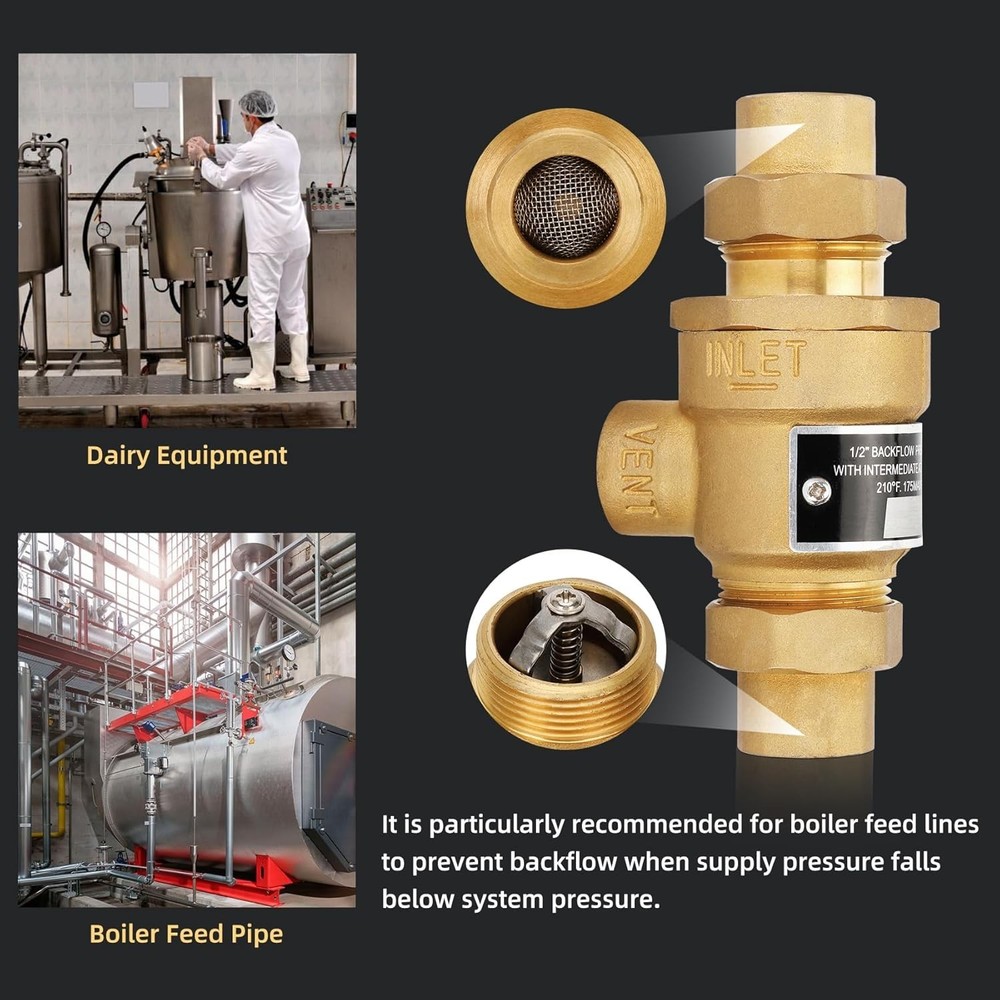 Versatile 1/2" Brass Backflow Preventer with Rubber Disc - Prevents Water Damage