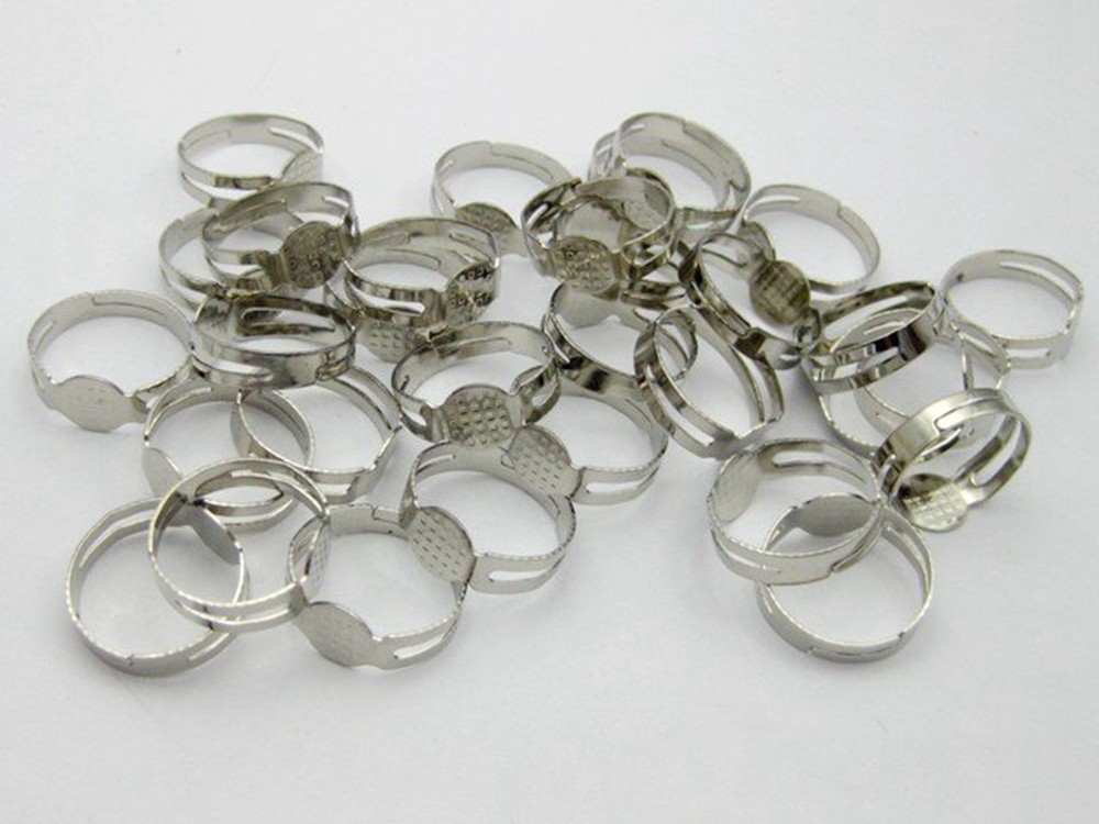 50 Silver Adjustable Ring Blank GLUE ON Base 8mm PAD