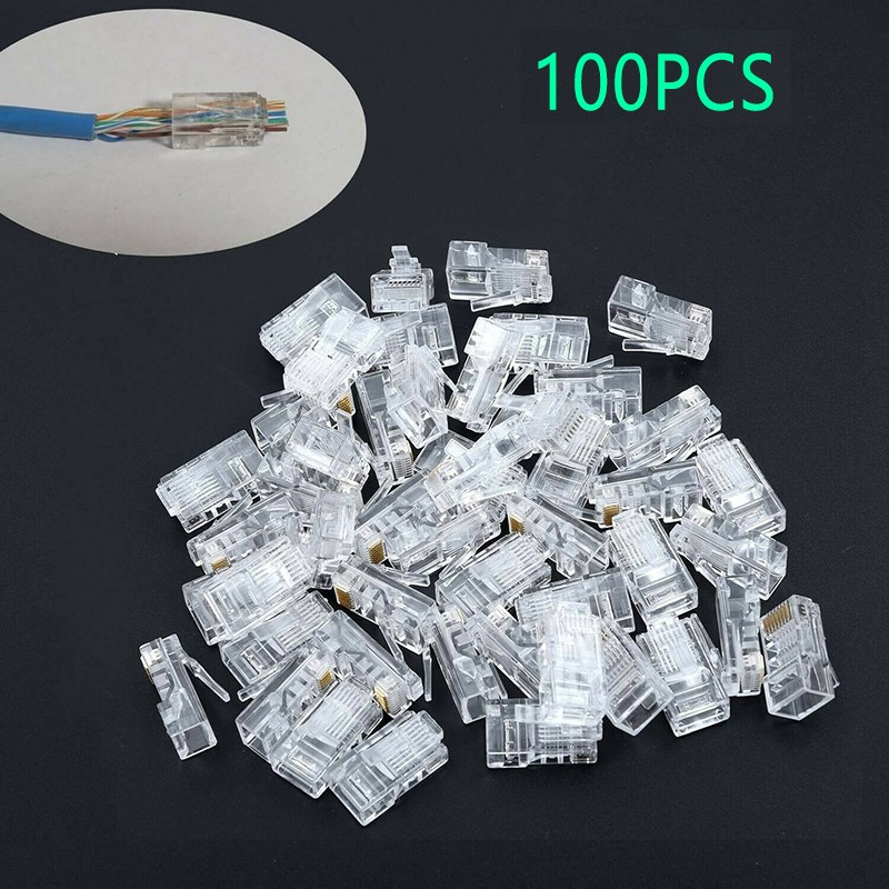 100PCS CAT5e RJ45 Pass-Through Network Cable Modular Plug 8P8C Connector End