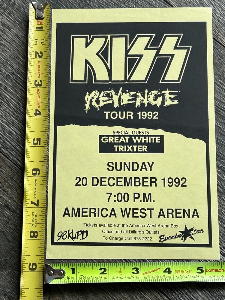 KISS Handbill Concert Ad Flyer Revenge Tour Phoenix AZ Dec 20 1992 Vintage Kiss