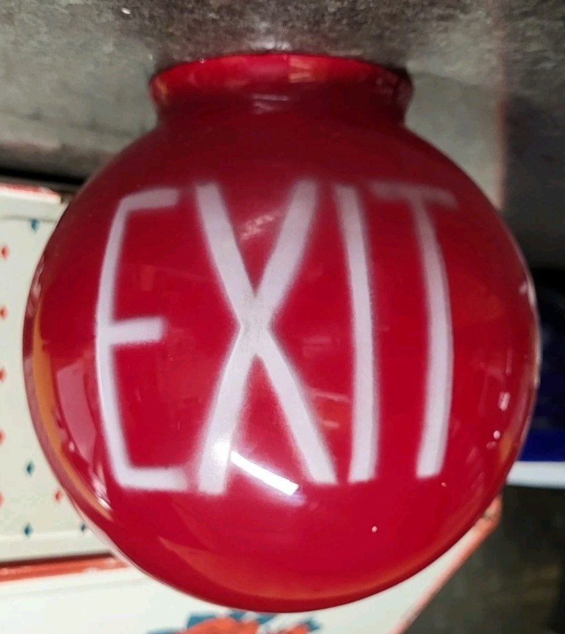 Antique Exit Light Shade Fixture Ruby Red Glass 1940s 50s 5.5" Round Globe NICE