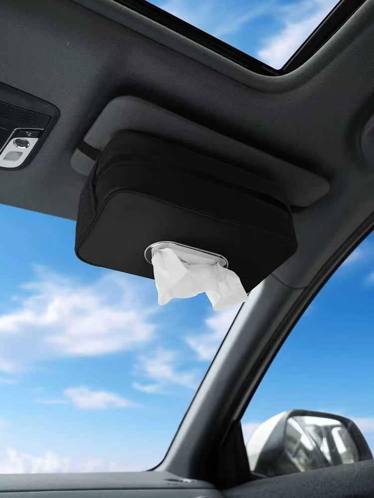 Multi-Functional Car Tissue Holder with ‌2 Storage Nets, Upgraded PU Black