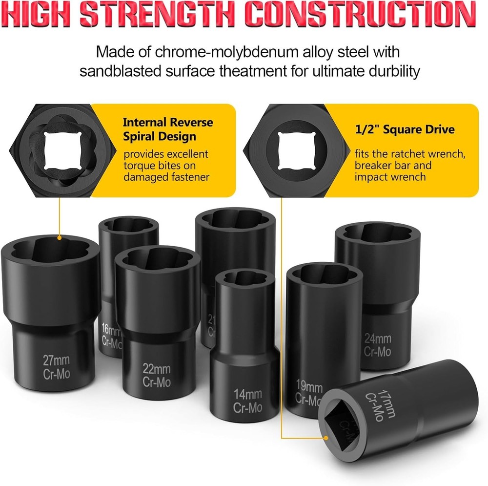 Bolt Extractor Set, 10 Piece Lug Nut Remover Socket Tool, 1/2" Drive Impact W...
