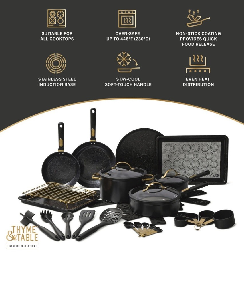 Thyme & Table 32-Pc Cookware & Bakeware Set Ceramic Nonstick Pots Pans – Black