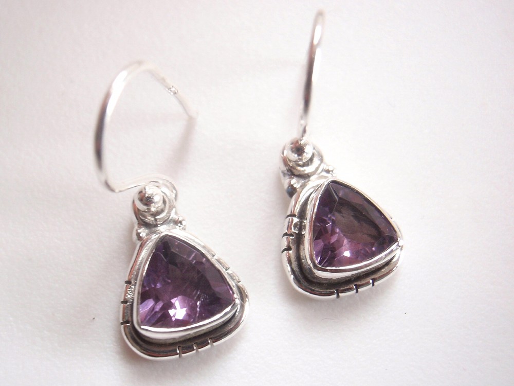 Faceted Amethyst Triangle 925 Sterling Silver Dangle Earrings Small