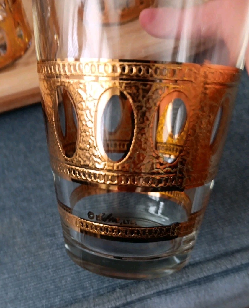 Vtg MCM 60s Culver Antigua Cocktail Shaker Low Ball 5 Pc Barware Set 22k Gold