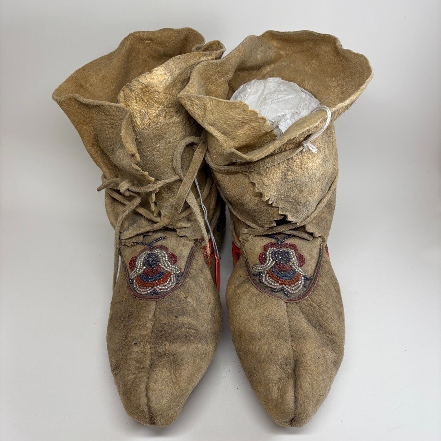 1920s Cree Native American Moccasins High-Top Beaded Pucker Toe Soft-Soled