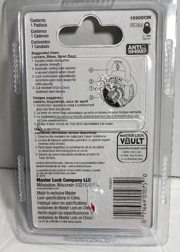 Master Lock 1530DCM, Combination Lock, 3 Digit, Hardened Shackle, Assorted Color