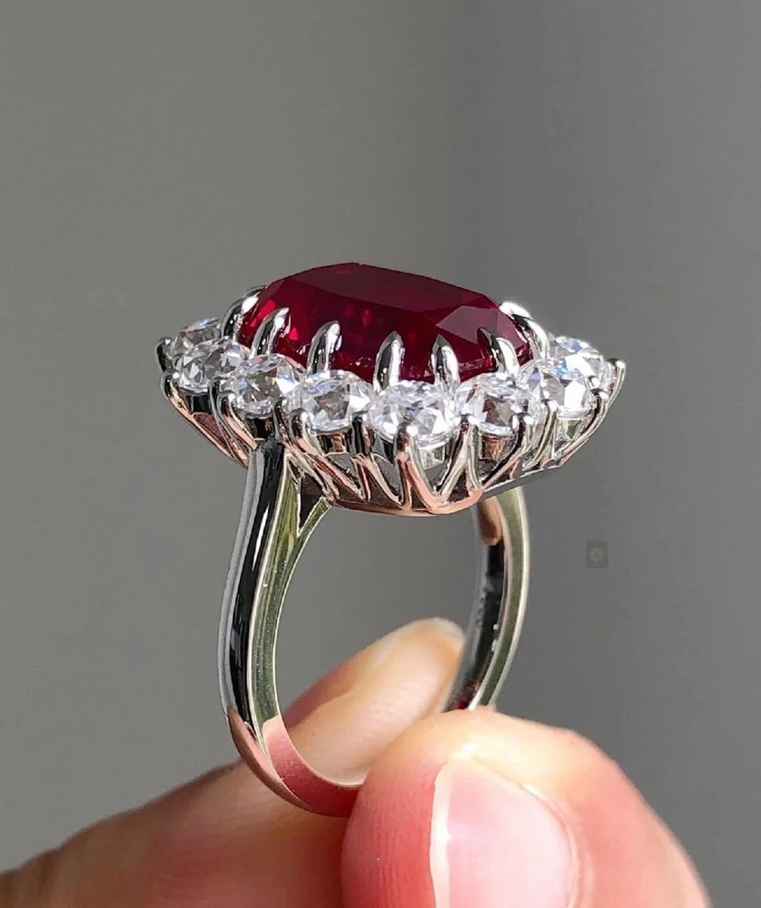 4.72 Ct Cushion Natural Ruby Diamond Engagement Ring 14K Solid White Gold Size 6