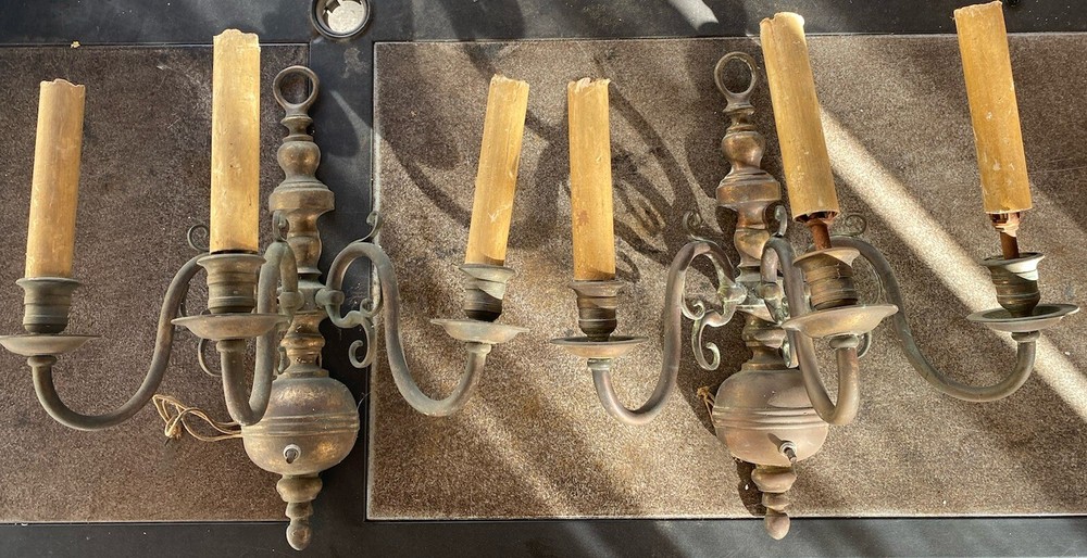 Antique Pair Brass Wall Hanging 3 Socket Light Sconces