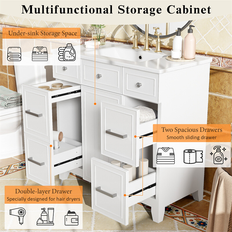 36" White Bathroom Vanity Set,Solid Wood Frame w/Ceramic Sink &Versatile Storage
