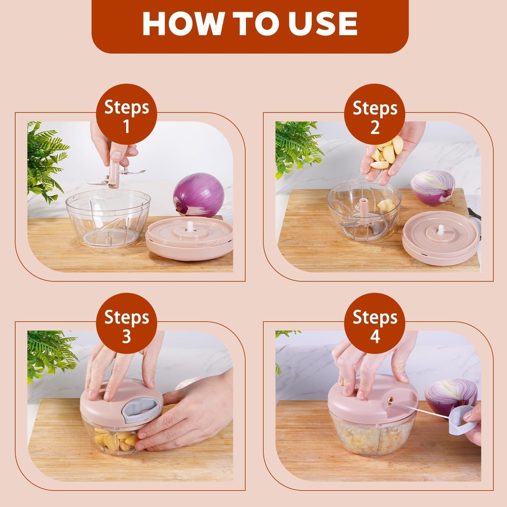 ‌Manual Food Processor Vegetable Chopper, Portable Hand Pull 500ml, Pink