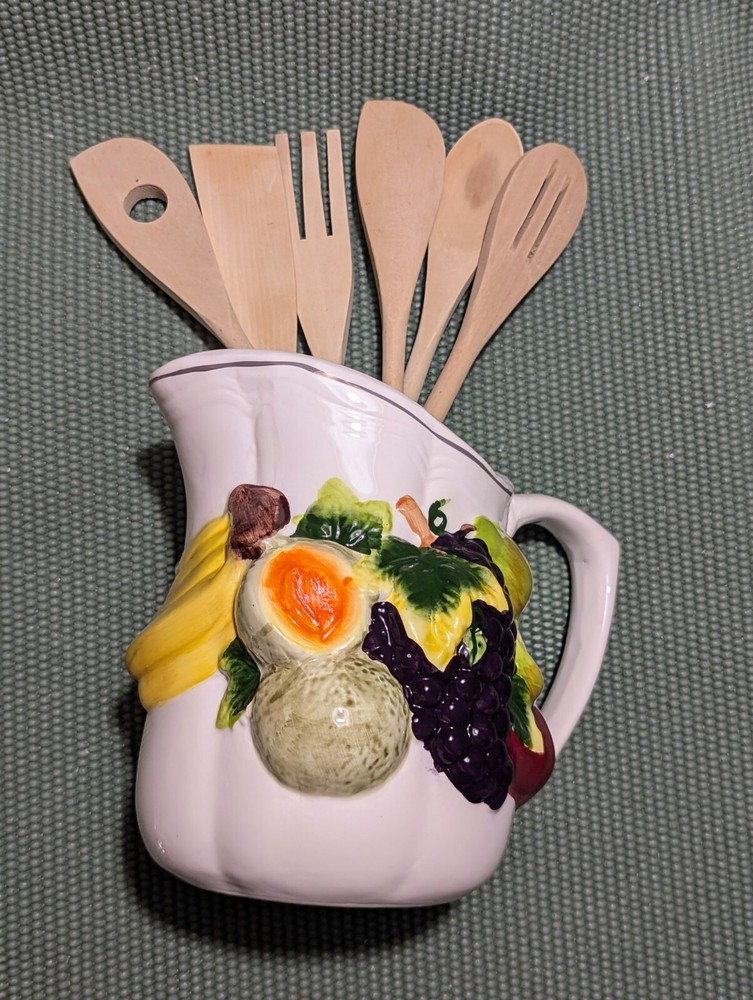 KMC Fruit Hand Painted Fine Ceramicware Pitcher w/ Utensil Set