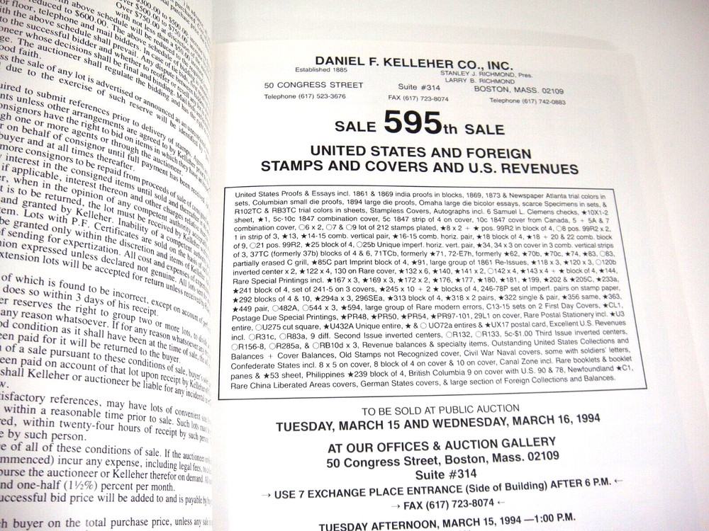 Kelleher Auction Catalog 1994 US Foreign Stamps Covers Revenues Proofs Essays