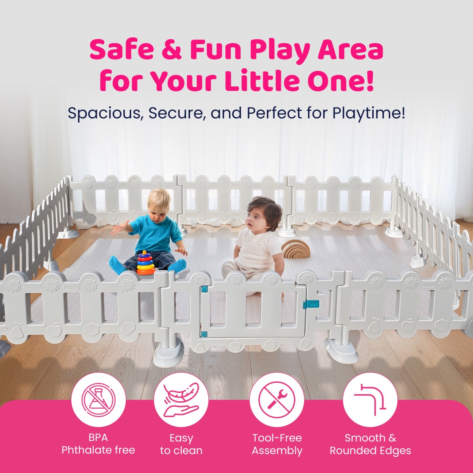 Area 10ft x 10ft Playpen for Kids (Pack of 11 fences and one gate) (White)